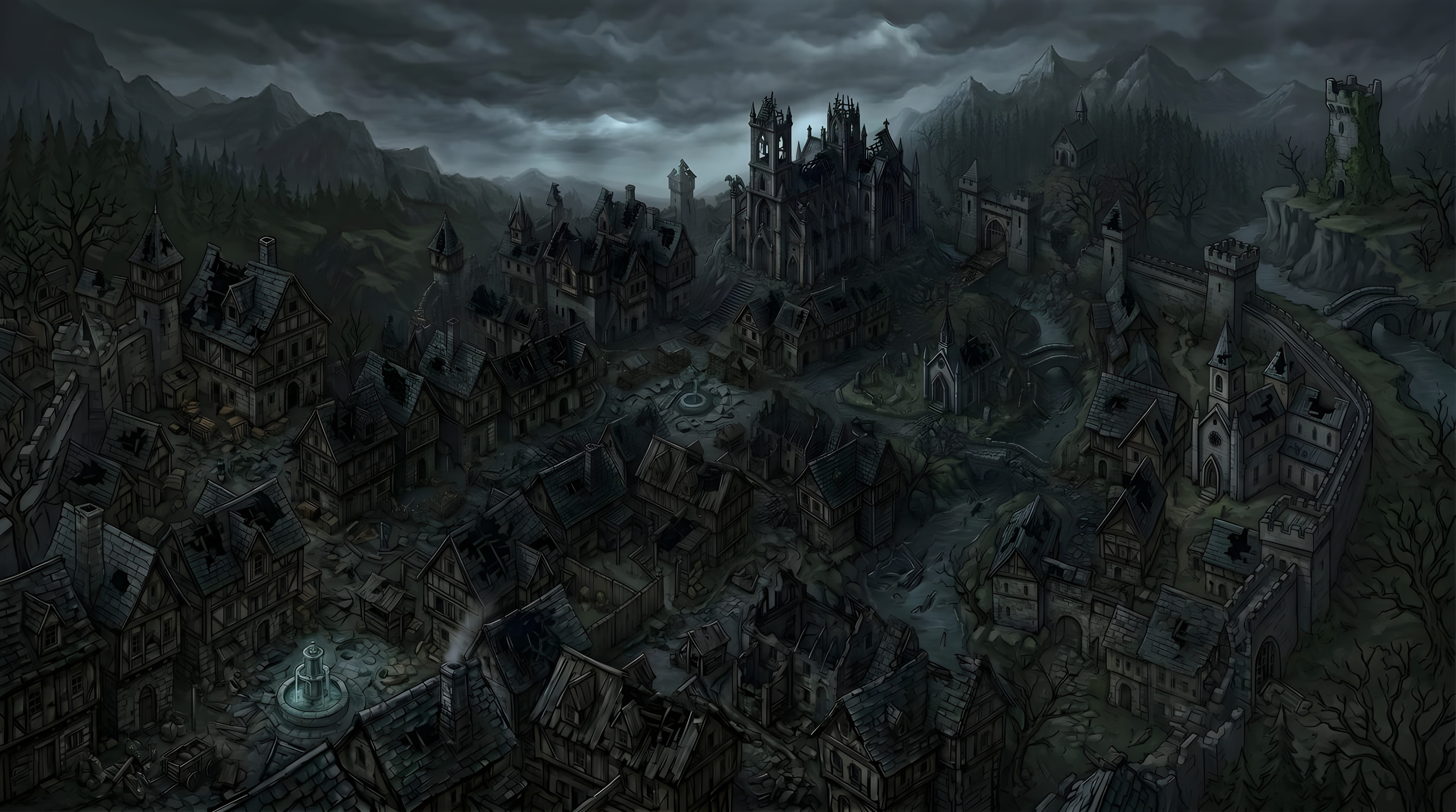 The village in ruins after the darkness fell