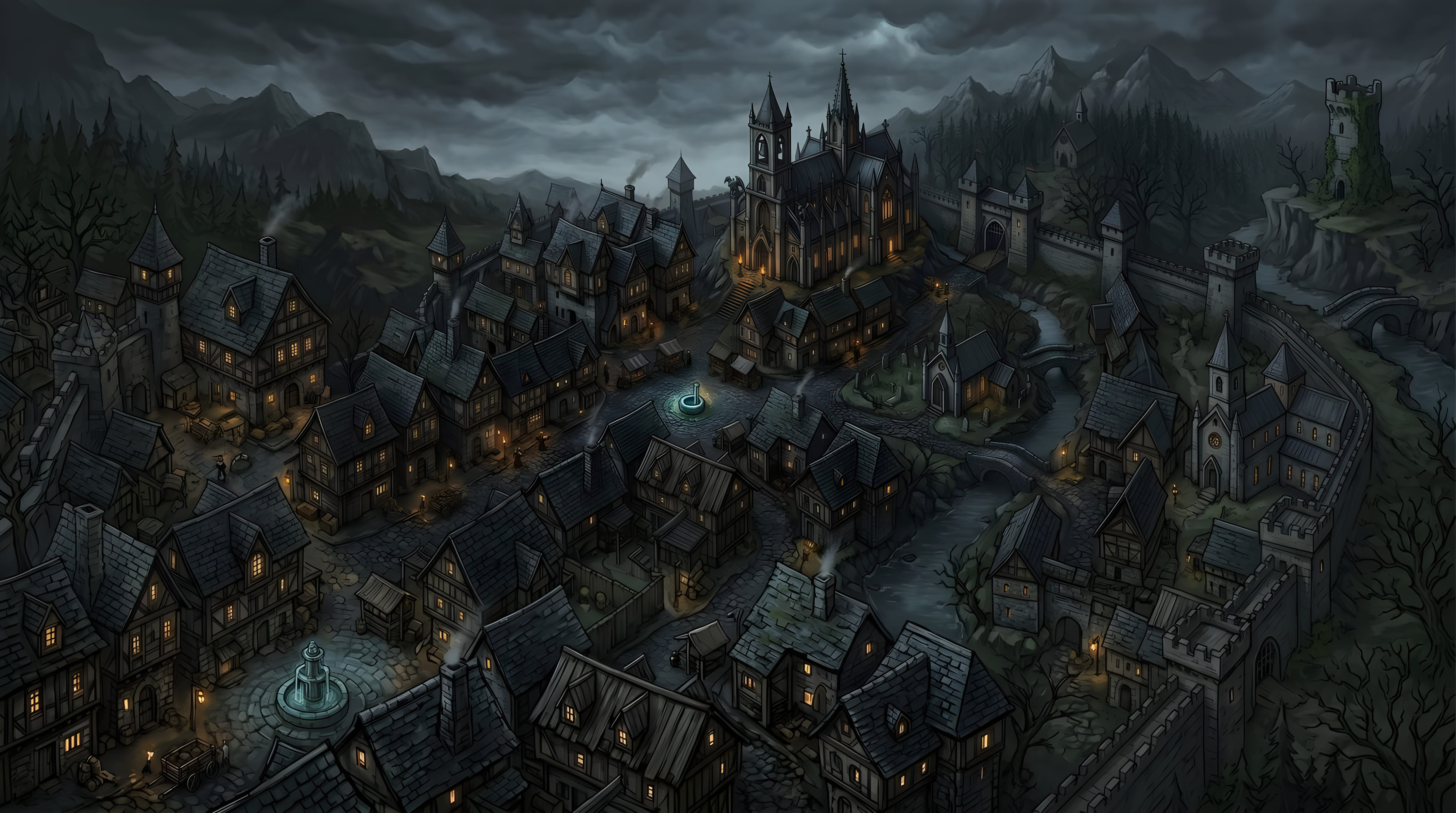 The village rebuilt with glowing windows and life returning